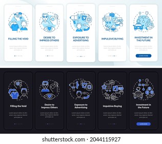 Reasons for consumerism dark, light onboarding mobile app page screen. Walkthrough 5 steps graphic instructions with concepts. UI, UX, GUI vector template with linear night and day mode illustrations