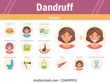 Reasons of dandruff. Vector. Cartoon character. Isolated. Flat