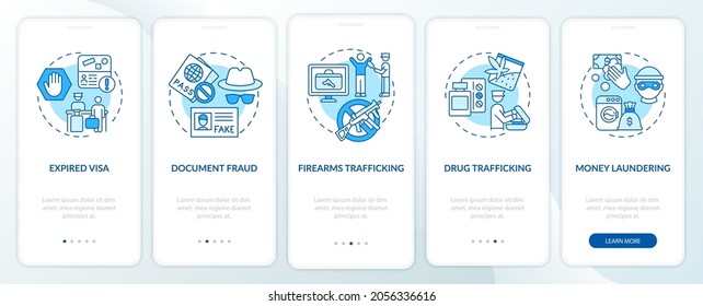 Reasons for deportation blue onboarding mobile app page screen. Legislation walkthrough 5 steps graphic instructions with concepts. UI, UX, GUI vector template with linear color illustrations