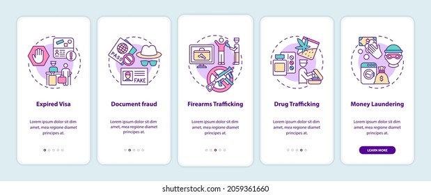 Reasons for deportation onboarding mobile app page screen. Legislation walkthrough 5 steps graphic instructions with concepts. UI, UX, GUI vector template with linear color illustrations