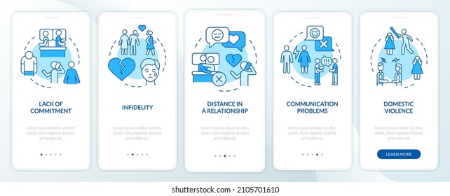 Reasons for divorce blue onboarding mobile app screen. Separation causes walkthrough 5 steps graphic instructions pages with linear concepts. UI, UX, GUI template. Myriad Pro-Bold, Regular fonts used