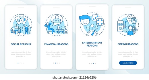 Reasons to gamble blue onboarding mobile app screen. Compulsive walkthrough 4 steps graphic instructions pages with linear concepts. UI, UX, GUI template. Myriad Pro-Bold, Regular fonts used