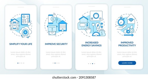 Reasons for home automation blue onboarding mobile app screen. Walkthrough 4 steps graphic instructions pages with linear concepts. UI, UX, GUI template. Myriad Pro-Bold, Regular fonts used