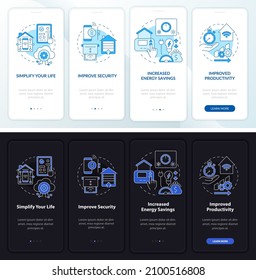 Reasons for home automation night, day mode onboarding mobile app screen. Walkthrough 4 steps graphic instructions pages with linear concepts. UI, UX, GUI template. Myriad Pro-Bold, Regular fonts used