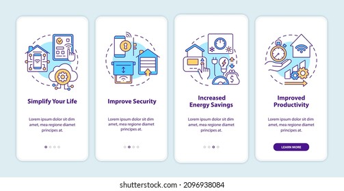 Reasons for home automation onboarding mobile app screen. Walkthrough 4 steps graphic instructions pages with linear concepts. UI, UX, GUI template. Myriad Pro-Bold, Regular fonts used