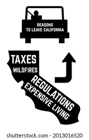 Reasons to leave California sign. High taxes, cost of living, government regulations, wildfires.