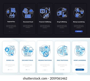 Reasons for legal deportation onboarding mobile app page screen. Legislation walkthrough 5 steps graphic instructions with concepts. UI, UX, GUI vector template with night and day mode illustrations