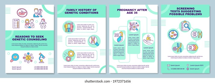 Reasons To Seek Genetic Counseling Brochure Template. Medical Test. Flyer, Booklet, Leaflet Print, Cover Design With Linear Icons. Vector Layouts For Presentation, Annual Reports, Advertisement Pages