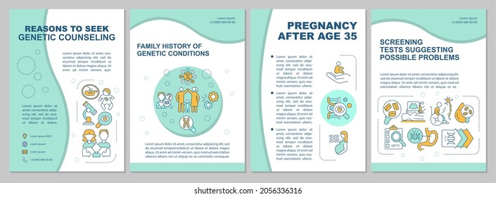 Reasons To Seek Genetic Counseling Brochure Template. Medical Help. Flyer, Booklet, Leaflet Print, Cover Design With Linear Icons. Vector Layouts For Presentation, Annual Reports, Advertisement Pages