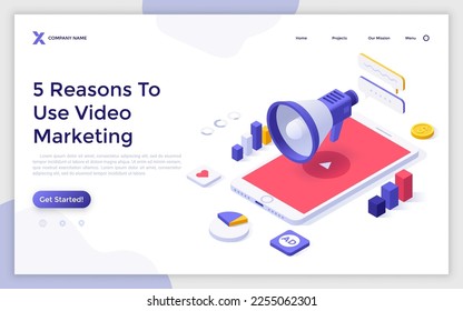 Reasons to Use Video Marketing isometric landing page template. Present products to customers. Promotional agency service website design. 3d creative vector illustration for webpage development
