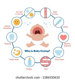 Reasons Why Your Baby Is Crying. Baby first year development infographic. Vector illustration.