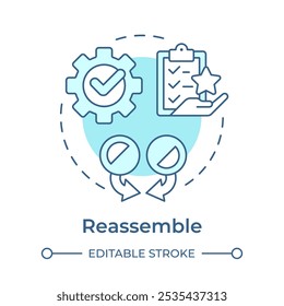 Reassemble soft blue concept icon. Reverse engineering process. Integrate, assembly components. Round shape line illustration. Abstract idea. Graphic design. Easy to use in article