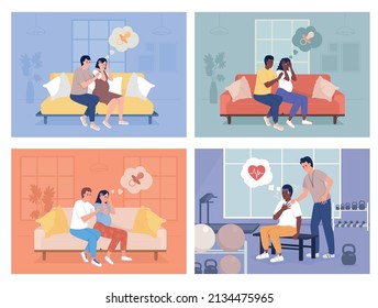 Reassuring during panic episode flat color vector illustration set. Sudden and intense feeling of anxiety. Panic attack 2D simple cartoon characters collection with furnished room on background