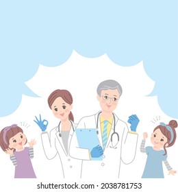 Reassuring girl with male and female doctor to explain