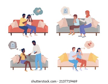 Reassuring semi flat color vector characters set. Sitting figures. Full body people on white. Simple cartoon style illustration for web graphic design and animation collection. Bebas Neue font used