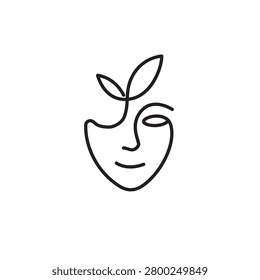 reative continuous line art logo combining a woman's face and a growing plant leaf. Ideal for organic cosmetics, beauty salon, and modern aesthetic.