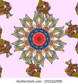 Reaver fish on colored background.Fishes on neutral, brown and purple. Handdrawn. Vector illustration. Seamless pattern.
