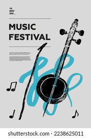 Rebab, folk. Afiche del festival de música. Instrumentos musicales de cuerda. Competencia. Un conjunto de ilustraciones vectoriales. Diseño minimalista. Cartel, volante, portada, impresión.