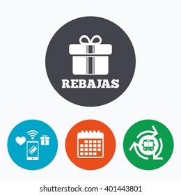 Rebajas - Discounts in Spain sign icon. Gift box with ribbons symbol. Mobile payments, calendar and wifi icons. Bus shuttle.