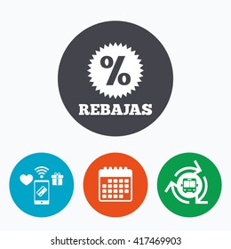 Rebajas - Discounts in Spain sign icon. Star with percentage symbol. Mobile payments, calendar and wifi icons. Bus shuttle.