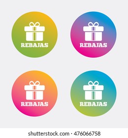 Rebajas - Discounts in Spain sign icon. Gift box with ribbons symbol. Gradient flat buttons with icon. Modern design. Vector
