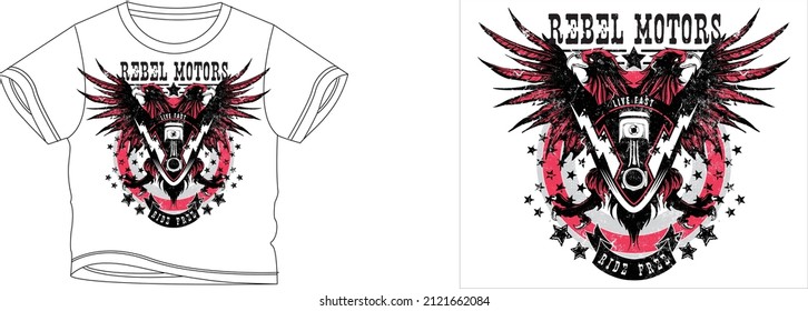 rebal motors t-shirt design background color is a white and t-shirt color is a white beautiful color and beautiful design