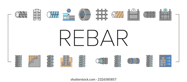 Rebar Construction Collection Icons Set Vector. Threaded And Hardened Steel Fittings, Metal And Basalt Rebar Production, Concrete Floor And Wall Concept Linear Pictograms. Contour Color Illustrations