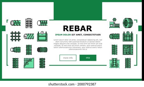 Rebar Construction Landing Header Vector. Threaded And Hardened Steel Fittings, Metal And Basalt Rebar Production, Concrete Floor And Wall Illustration