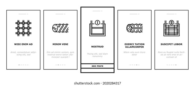 Rebar Construction Onboarding Mobile App Page Screen Vector. Threaded And Hardened Steel Fittings, Metal And Basalt Rebar Production, Concrete Floor And Wall Illustrations