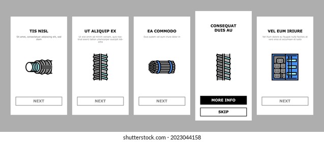 Rebar Construction Onboarding Mobile App Page Screen Vector. Threaded And Hardened Steel Fittings, Metal And Basalt Rebar Production, Concrete Floor And Wall Illustrations