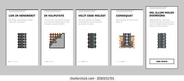 Rebar Construction Onboarding Mobile App Page Screen Vector. Threaded And Hardened Steel Fittings, Metal And Basalt Rebar Production, Concrete Floor And Wall Illustrations