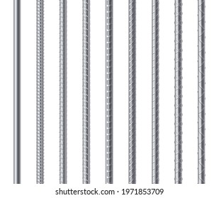 Rebars, Metal Reinforcement Steel Rods Isolated On White Background. Construction Metal Armature, Endless Bar Realistic Set. 3d Vector Illustration