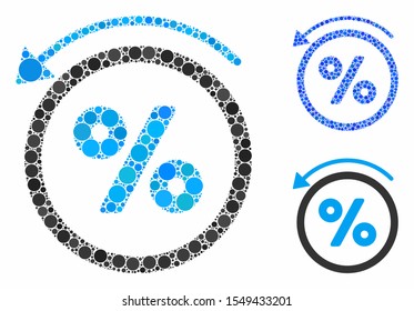 Rebate percent composition of small circles in different sizes and shades, based on rebate percent icon. Vector small circles are grouped into blue illustration.