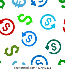 Rebate vector seamless repeatable pattern. Style is flat rebate and dollar symbols on a white background.