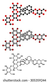 Rebaudioside A molecule. One of the main steviol glycosides found in stevia plants, used as sweetener. Stylized 2D renderings and conventional skeletal formula.