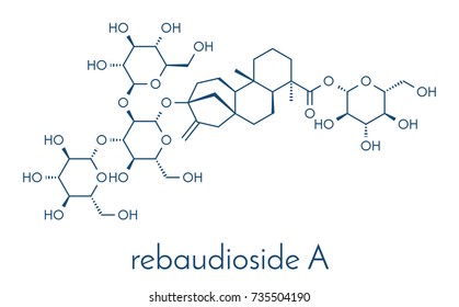 Rebaudioside A molecule. One of the main steviol glycosides found in stevia plants, used as sweetener. Skeletal formula.