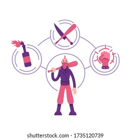 Rebel archetype flat concept vector illustration. Young man with weapon. Aggressive protester 2D cartoon character for web design. Armed demonstrator. Violence and fight creative idea