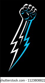 Rebel clenched raised male fist hand. Fight rights strike protest arm symbol. Power concept night lightning bolt logo sign.