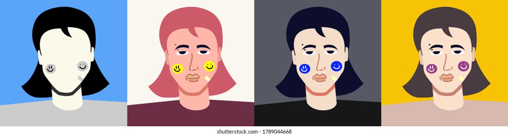 Rebel girl with stickers on face. Colored set and silhouette. Avatar. Vector Flat Illustration.