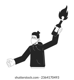 Rebel holding molotov cocktail flat line black white vector character. Revolt. White revolutionary. Editable outline half body person. Simple cartoon isolated spot illustration for web graphic design