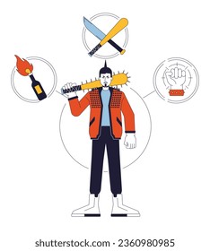 Rebel person archetype flat line concept vector hero illustration. Aggressive man with baseball bat weapon 2D cartoon outline character on white for web UI design. Editable isolated color hero image