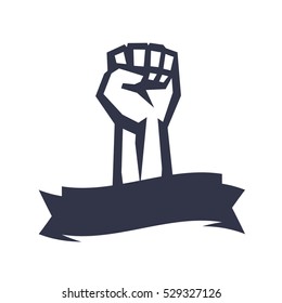 Rebel, revolt symbol, fist held high in protest, raised hand over white