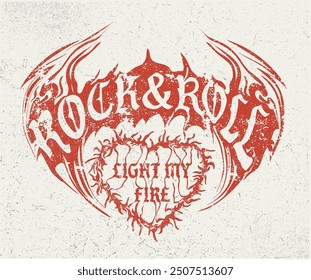 Rebel rock artwork. Fire heart graphic design for t shirt print, poster, sticker, background and other uses. Love you more, valentine day t shirt design.