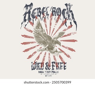 Rebel rock artwork. Wild and free. Rock and roll graphic print design for apparel, stickers, posters and background. Eagle fly vector artwork design for shirt and others.	