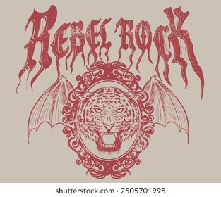 Rebel rock artwork. Wild and free. Rock and roll graphic print design for apparel, stickers, posters and background. Tiger face vector artwork design for shirt and others.