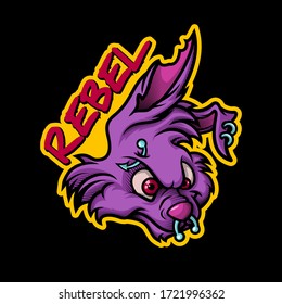 Rebel Rock bunny mascot. Colorful vector illustration of rabbit head with piercing in cartoon ink style. Isolated on black.