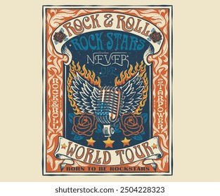 Rebel rock. Microphone with eagle wing print design for t shirt print, poster, sticker, background and other uses. Rock star, Make some noise, Rock and roll world tour poster. Rose flower artwork.