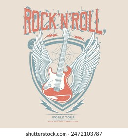 Rebel rock music poster, Rock star artwork. Eagle with Guitar artwork.. Rock and roll vector graphic print design for apparel, stickers, posters, backgrounds, and others.Music world tour.