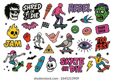 Rebel skate sticker set packed with skeleton riders, punk zombie head, pigeon on board, bats and eye-catching slogans.