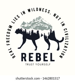 rebel slogan with alpine mountain and cheetah shadow illustration